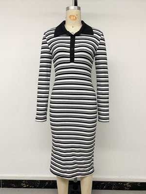 Striped Polo Collar Midi Dress in Black, fabric detail