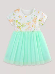 Toddler floral print dress with short sleeves and a mint green tulle skirt.