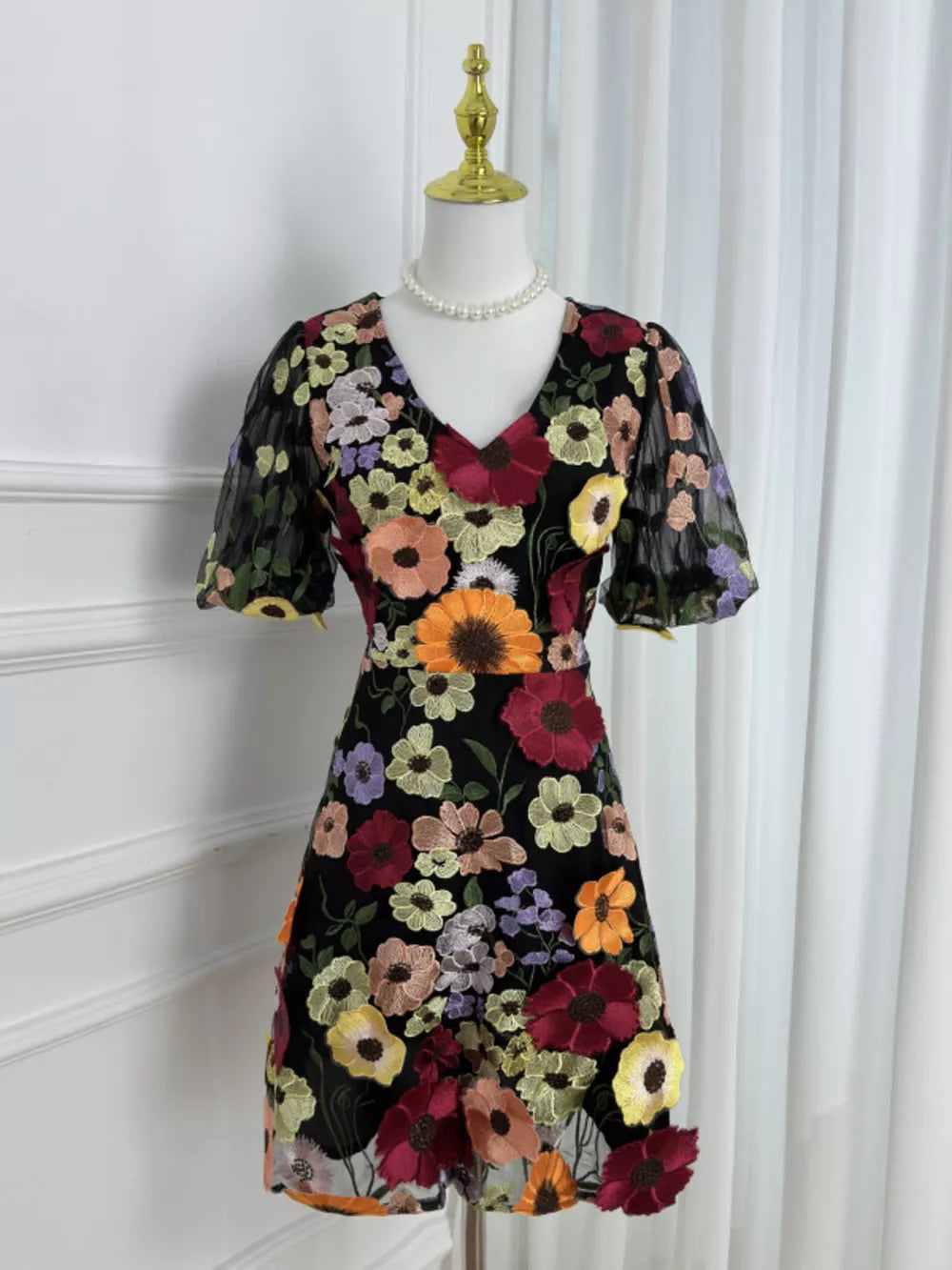 Floral Embroidery V-neck Mini Dress