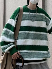 Relaxed fit green and white striped sweater with white stitching detail