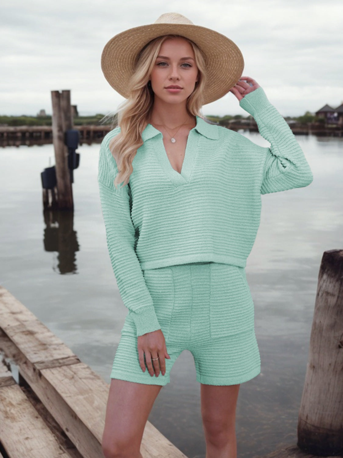 Light Green knit polo sweater and textured shorts set with a V-neck and collar.