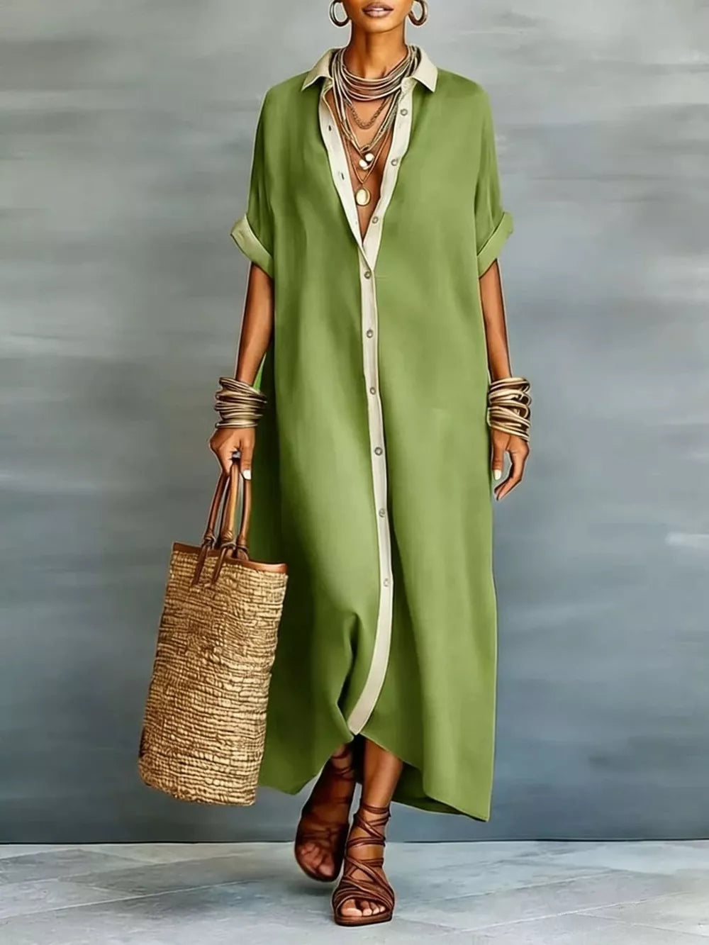 Short Sleeve Maxi Shirt Dress Plus Size in Khaki Color, alternate angle