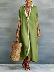 Short Sleeve Maxi Shirt Dress Plus Size in Khaki Color, alternate angle
