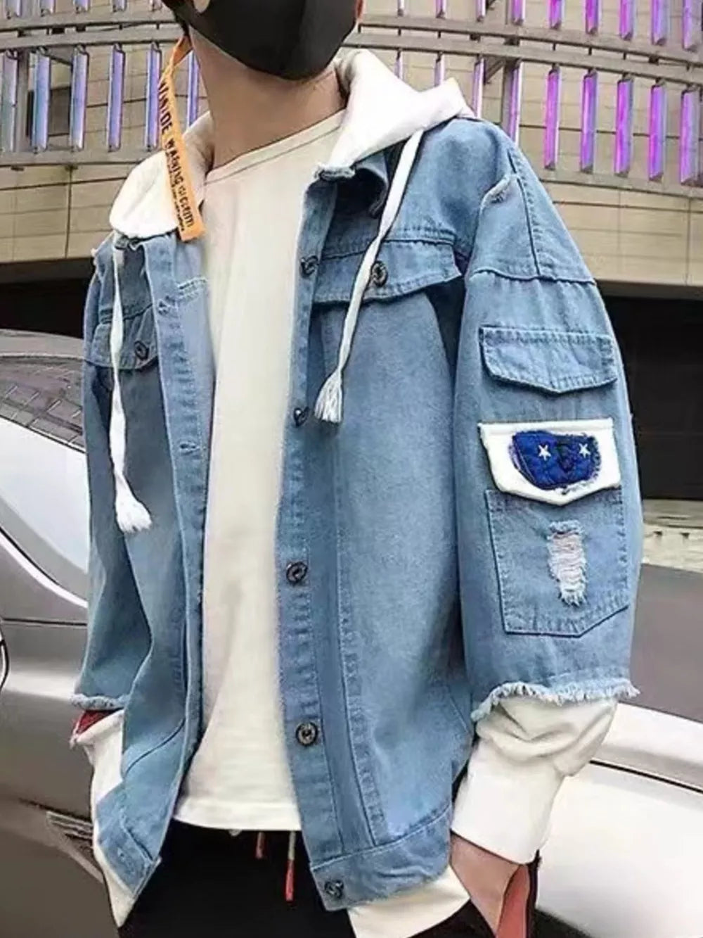 Men's Distressed Patchwork Hooded Denim Jacket in Light, front view