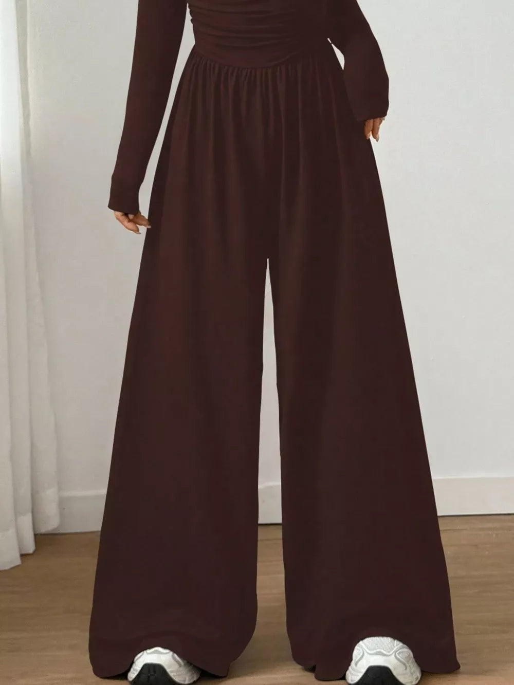 Ruched Square Neck Wide-leg Jumpsuit in Brown, view 15