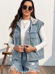 Light blue denim hooded vest with button front and pockets