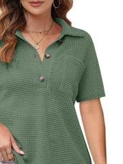 Sage green waffle knit polo shirt with button detail and short sleeves
