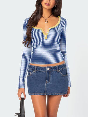 Blue striped long sleeve henley shirt with contrast yellow collar and button detail
