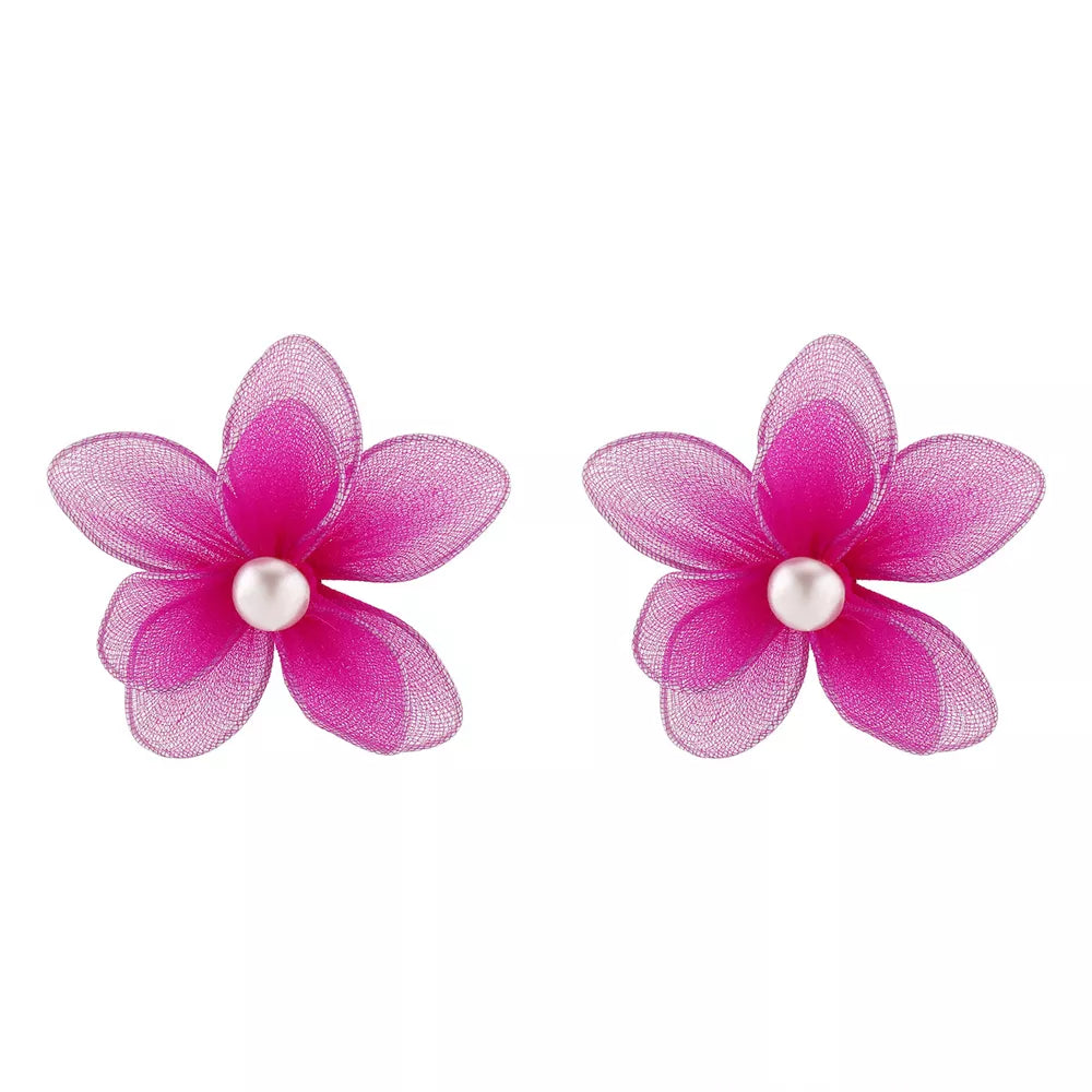 Rose Red floral pearl stud earrings with sheer petals