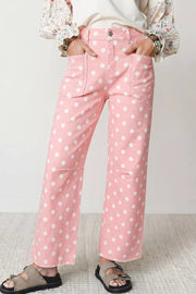 Polka Dot Wide Leg Jeans in Blush Pink, front view