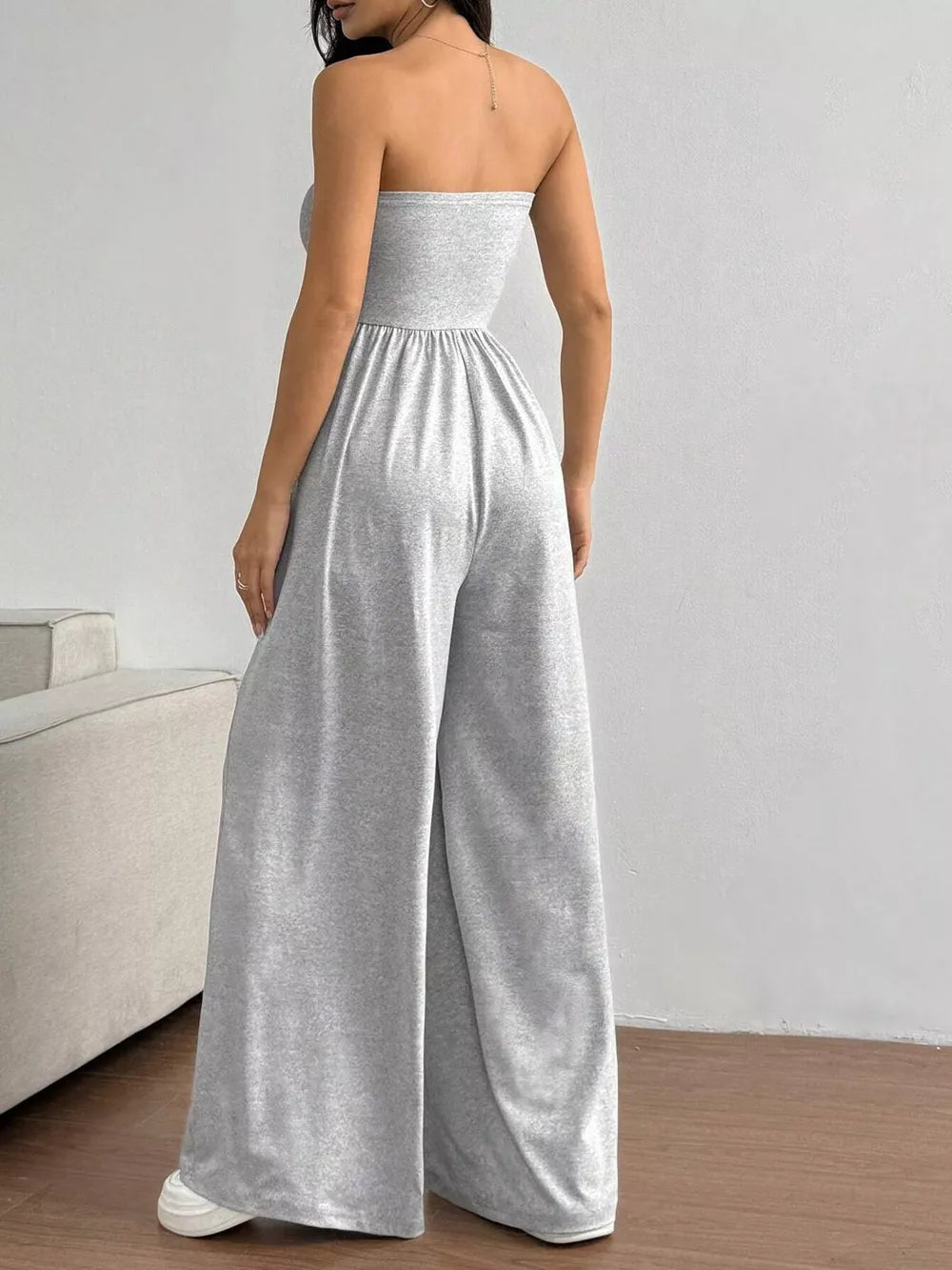 Light gray tube top wide-leg romper with elastic waist and relaxed fit