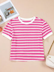 Textured knit tee with pink and white horizontal stripes and a white crew neck.