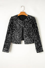 Black sequin embellished cropped open jacket with round neckline and long sleeves.