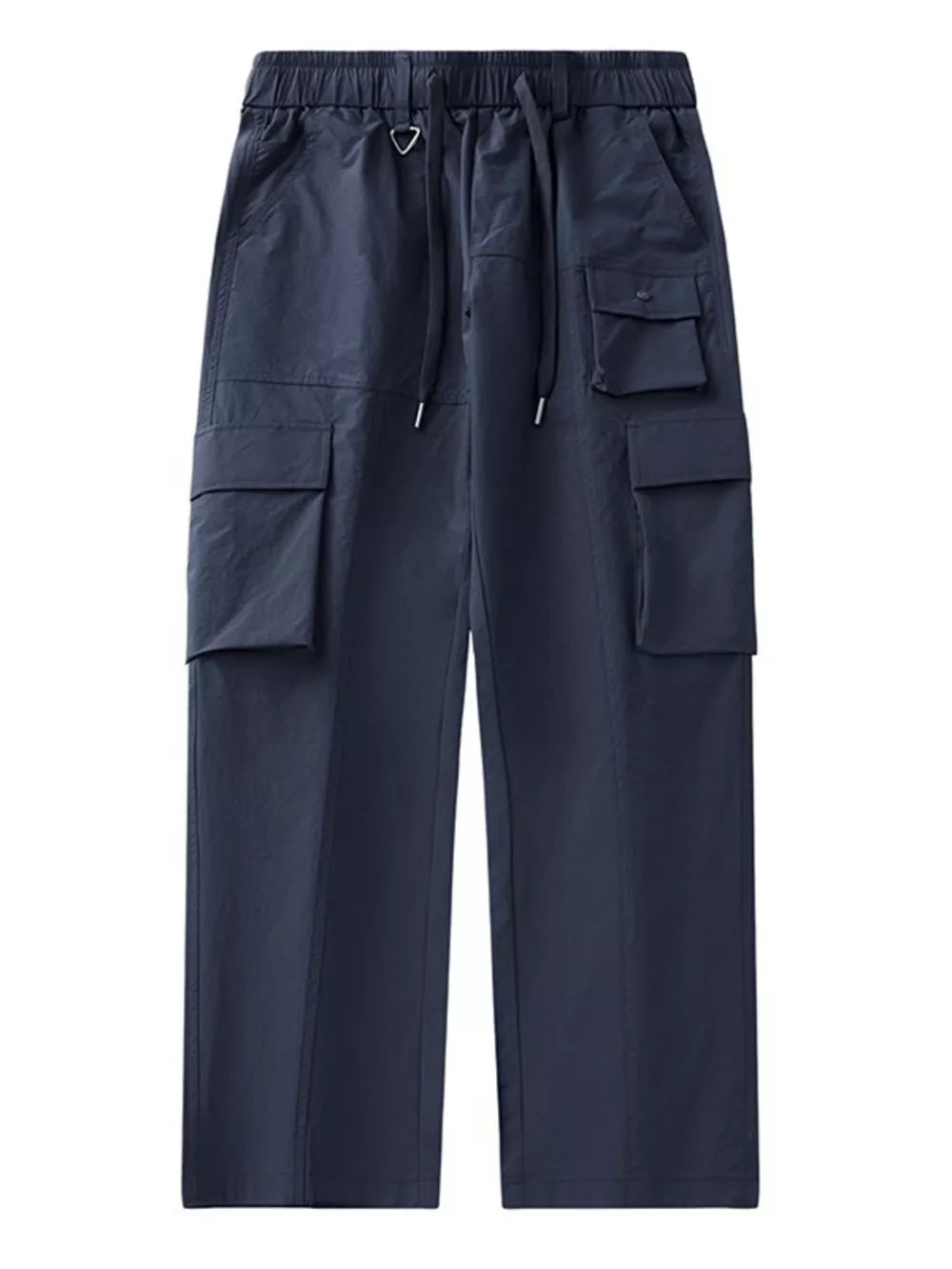 Dark blue utility sweatpants with multiple cargo pockets and drawstring waist.