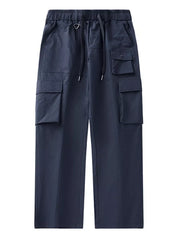 Dark blue utility sweatpants with multiple cargo pockets and drawstring waist.