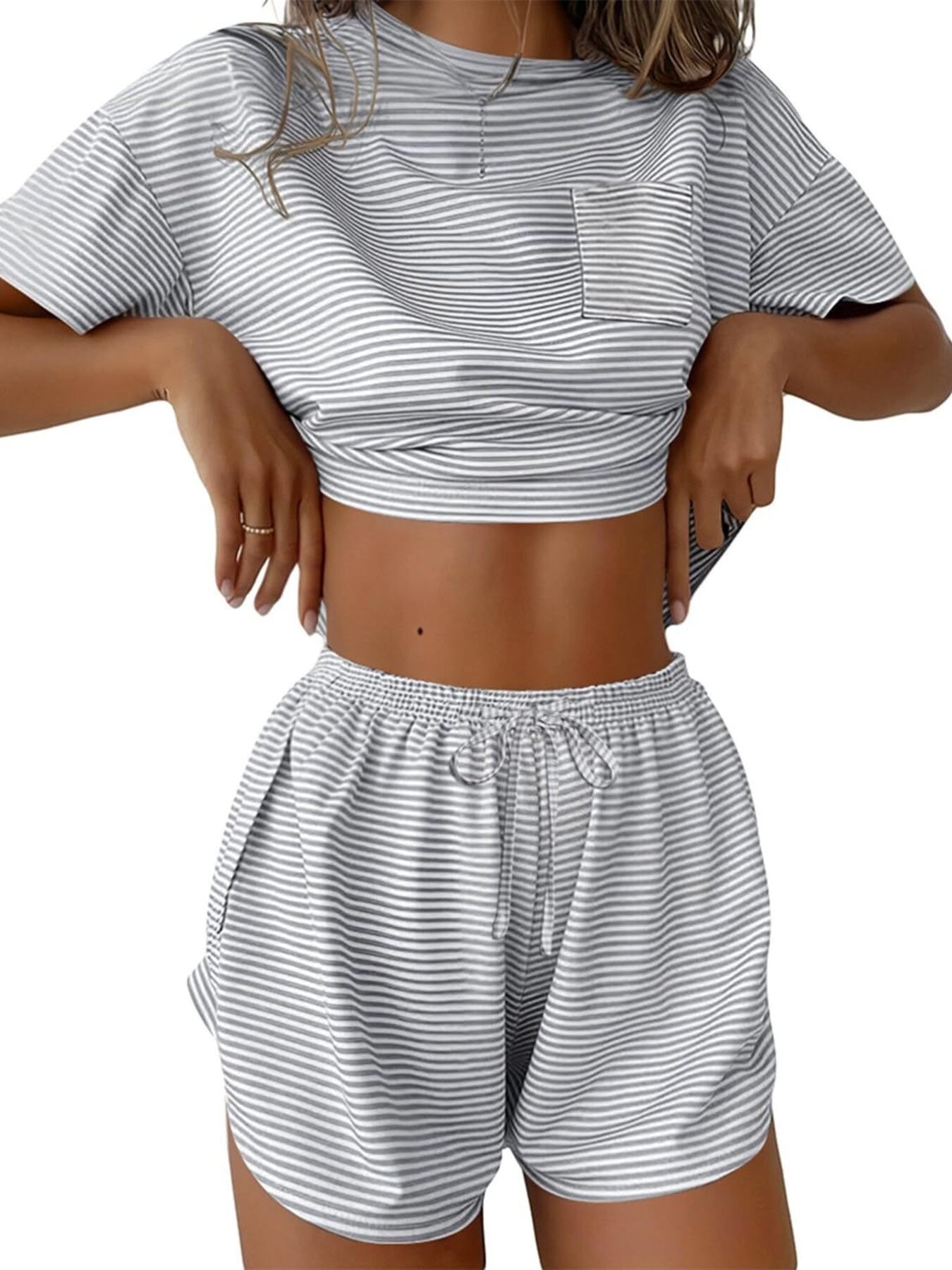 Gray striped pajama set with crop top and drawstring shorts