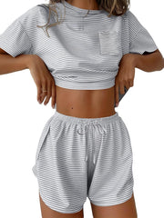 Gray striped pajama set with crop top and drawstring shorts