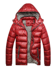 Red hooded puffer jacket with striped lining and zip pockets