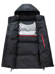 Black puffer jacket with contrast lining, red zipper pocket detail, and hood.