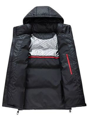 Black puffer jacket with contrast lining, red zipper pocket detail, and hood.