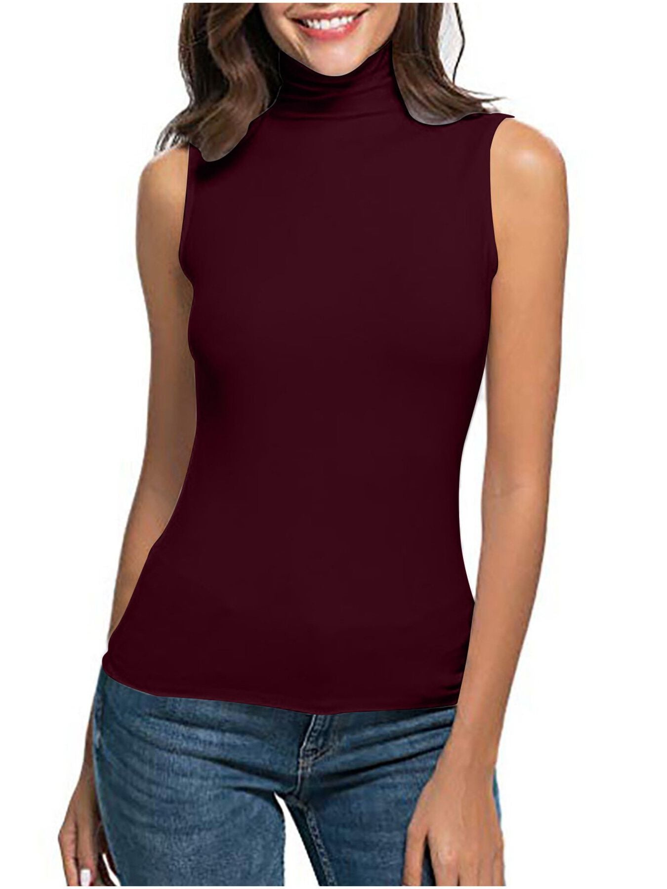 Sleeveless turtleneck t-shirt in dark red, fitted casual top.