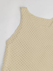 Open-knit beach cover-up dress in yellow green with a diamond pattern and sleeveless design.