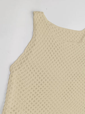 Open-knit beach cover-up dress in yellow green with a diamond pattern and sleeveless design.