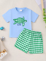 Children's Turtle Round Neck Top And Gingham Shorts Set, front view