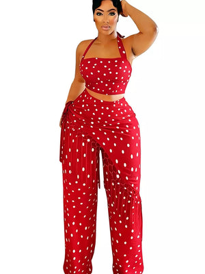 Red polka dot cami and fringe wide leg pant set