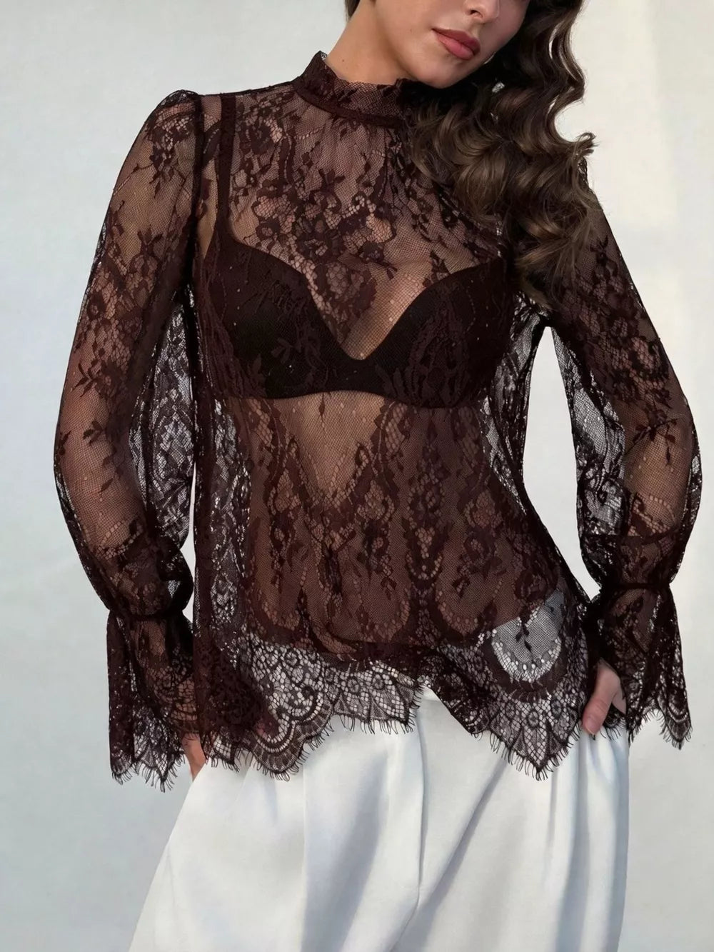 Lace Flounce Sleeve Top in Black, product detail