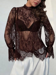 Lace Flounce Sleeve Top in Black, product detail