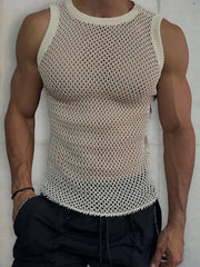 Ivory open-knit tank top with ribbed trim and a crochet hem detail.