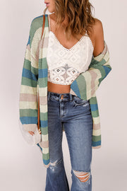 Multicolor open knit duster cardigan with horizontal stripes and a relaxed fit.