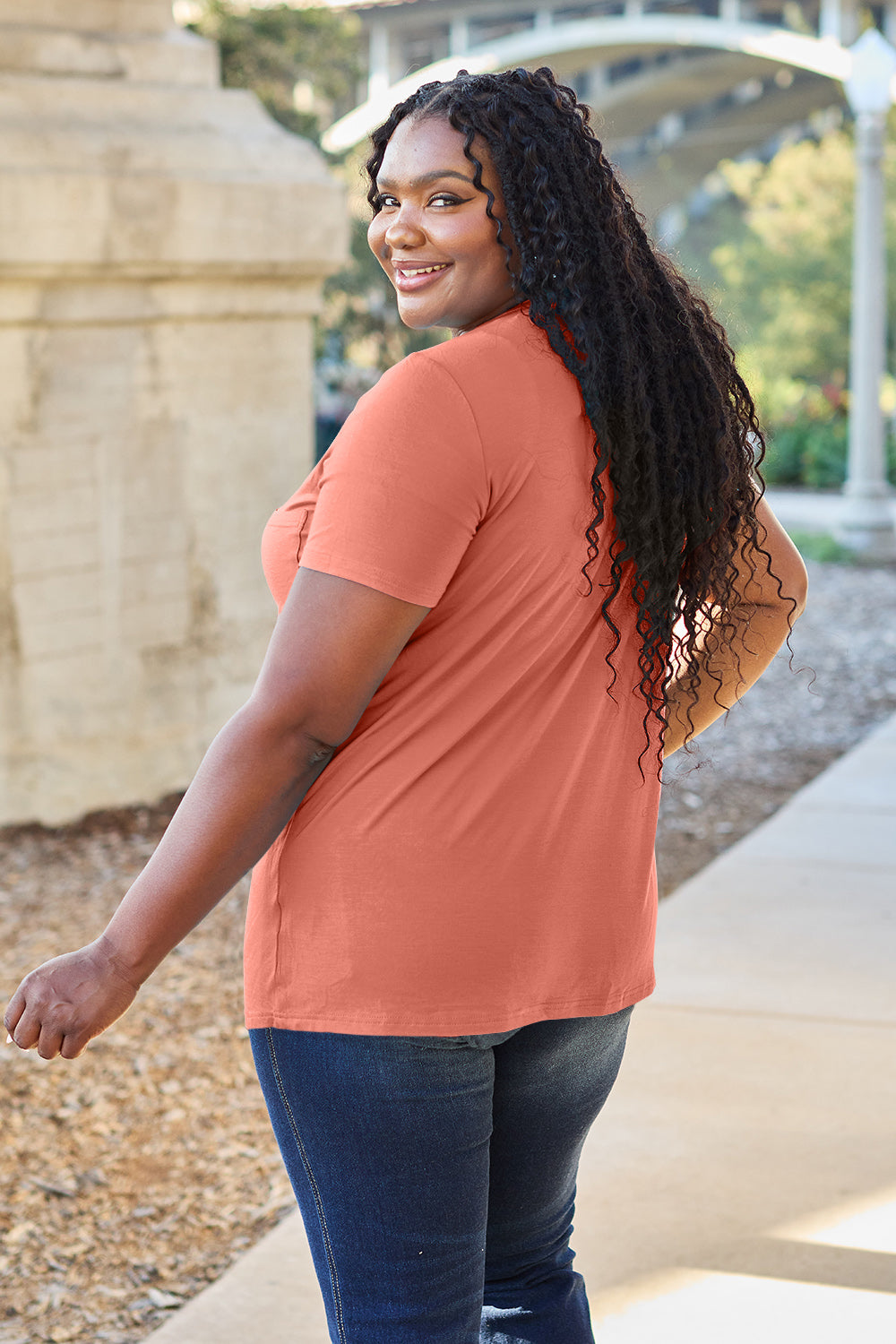 V-neck pocket tee in watermelon pink, short sleeves, relaxed fit, casual bamboo fabric.