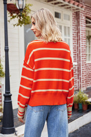 Red striped acrylic knit sweater with polo collar, shown from the back.