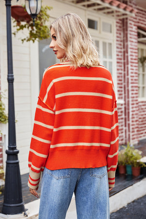 Red striped acrylic knit sweater with polo collar, shown from the back.