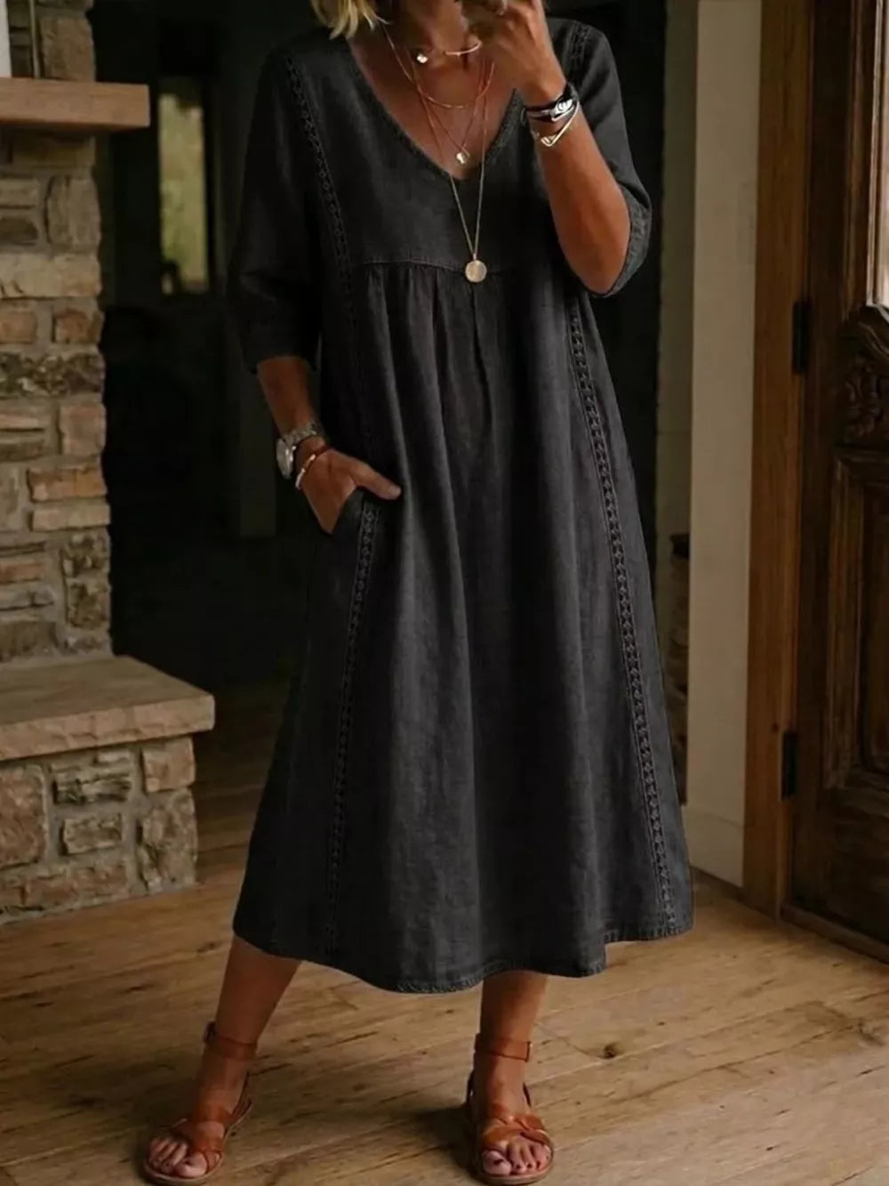 Full Size V-neck 3/4 Sleeve Midi Dress Plus Size, back view