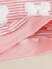 Pink and white striped baby set with white bow accents and ribbed trim.