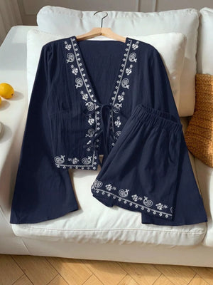 Navy embroidered tie-front top and shorts set with paisley details.