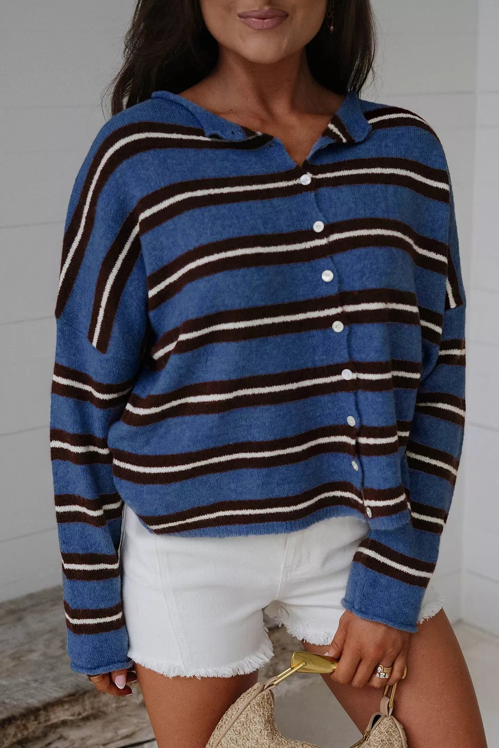 Striped Drop Shoulder Button Cardigan in Dusty Blue, model styling view
