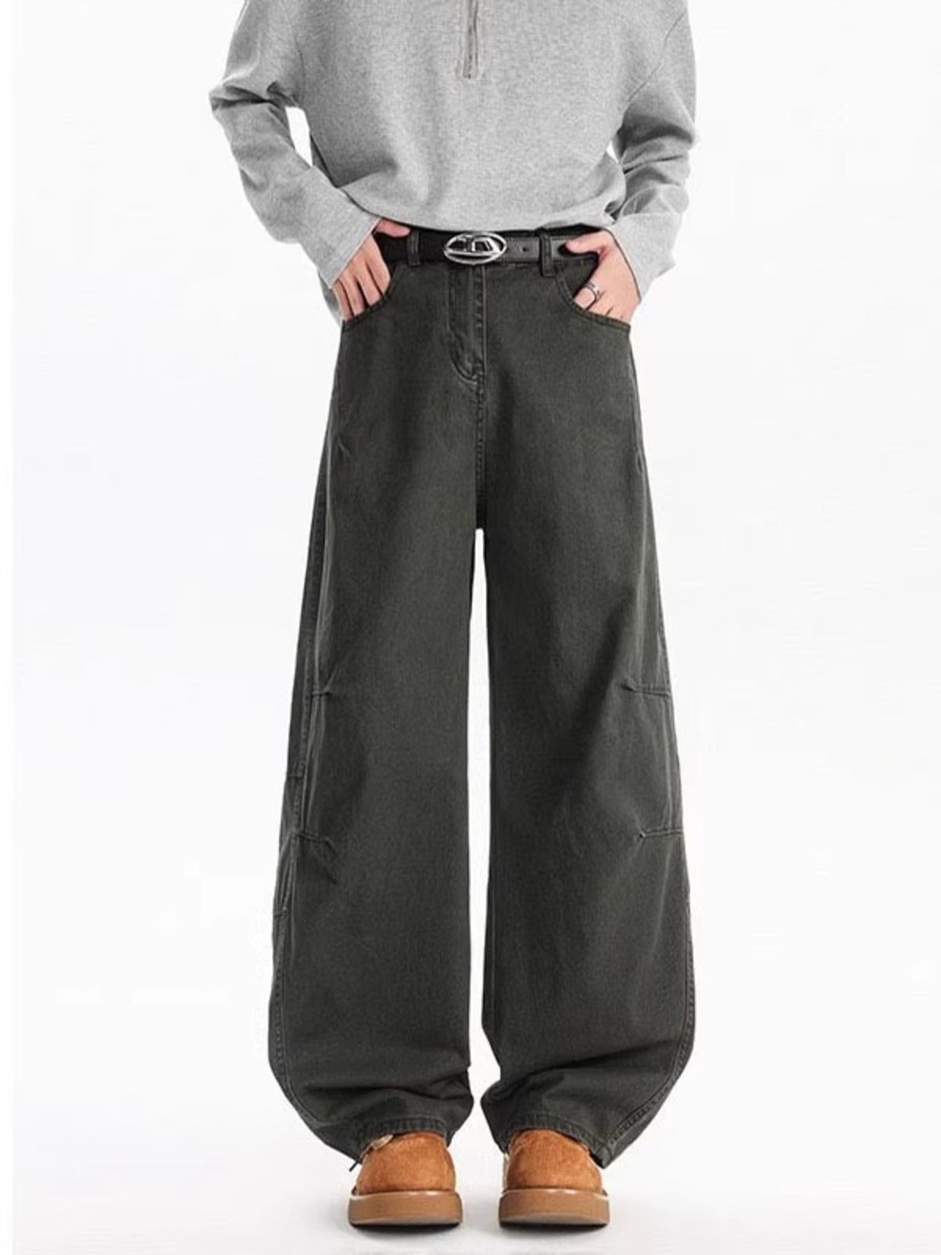 Belted wide leg jeans in dark gray 100 cotton with a relaxed fit.