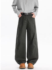Belted wide leg jeans in dark gray 100 cotton with a relaxed fit.