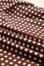 Charming Ruffled Polka Dot Maxi Dress in brown polyester with white polka dots.