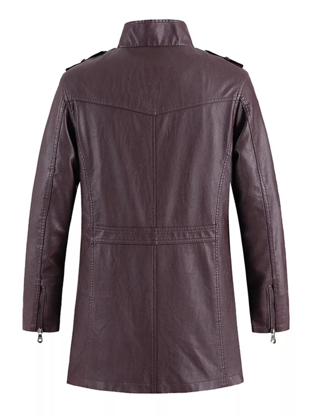 Plum purple faux leather zip-up jacket with zippered cuffs and shoulder epaulets.