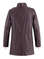 Plum purple faux leather zip-up jacket with zippered cuffs and shoulder epaulets.