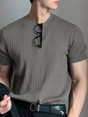 Textured ribbed crewneck tee in coffee brown with short sleeves.
