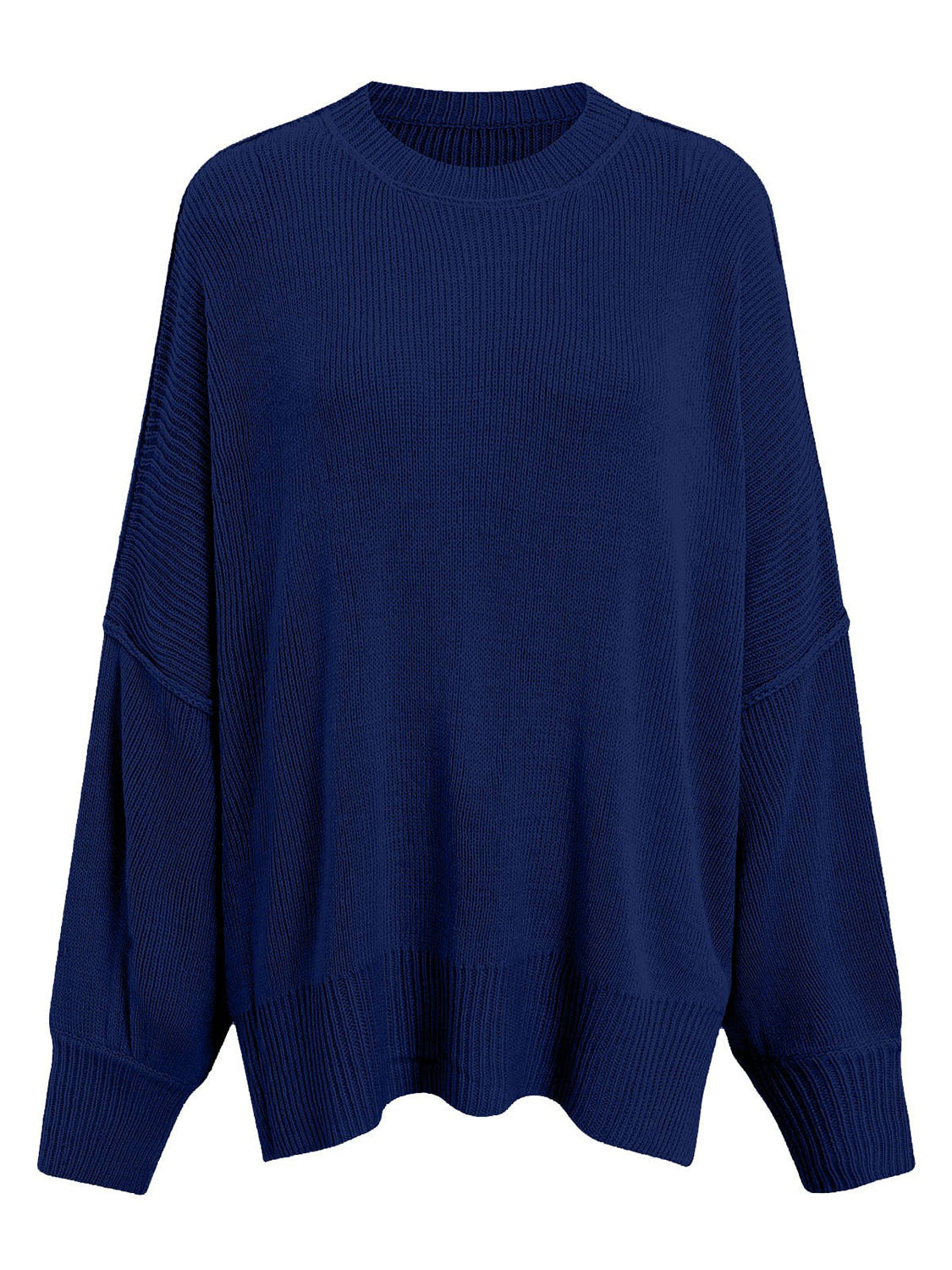 Oversized ribbed knit sweater in royal blue with drop shoulders and crew neck.