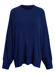 Oversized ribbed knit sweater in royal blue with drop shoulders and crew neck.
