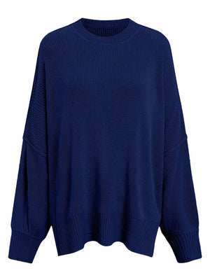 Oversized ribbed knit sweater in royal blue with drop shoulders and crew neck.