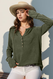 Waffle knit henley shirt in Moss with button placket and thumbhole cuffs.